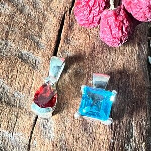 Thailand Bali Two Dainty Pendants Garnet Topaz Crystals Sterling Silver Rhodium